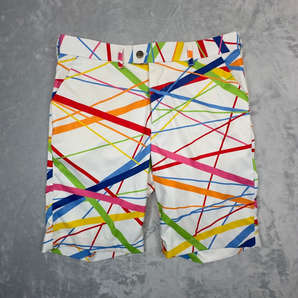 Loudmouth Golf Shorts Mens 34 White Multicolor Pick Up Sticks Geometric Pattern